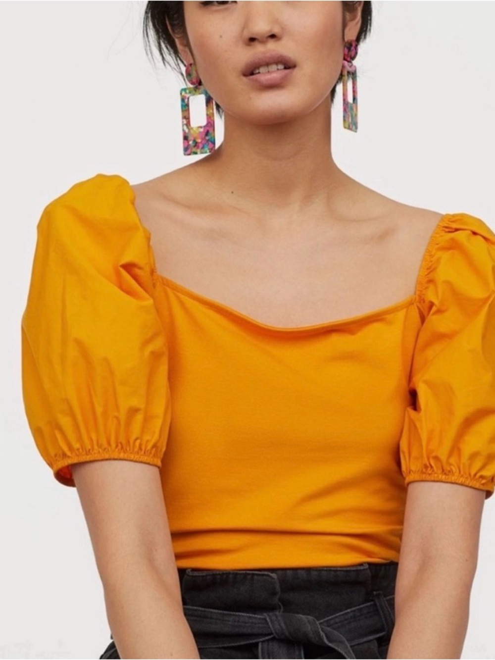 H&M Square Neck Puff Sleeve Top in Marigold Yellow